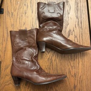 Elegant Brown Leather Western Detail vintage style Heeled Boots‎